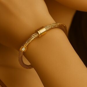 Gold-Tone Cable Wire Bangle Bracelet w/ Rose Gold Accents & Clear Crystal Charm